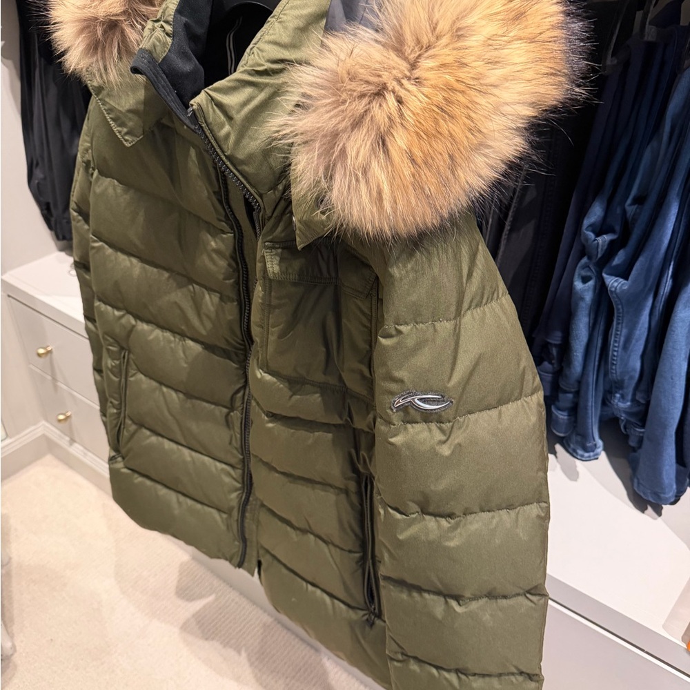 Men's Olive Green Ski Jacket with Fur Hood - Picture 3 of 11